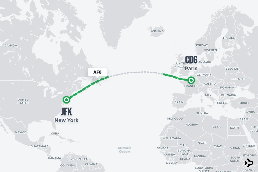 AF8 flight map from CDG to JFK