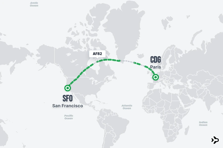 AF82 flight map from CDG to SFO