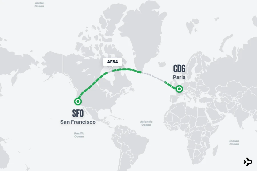 AF84 flight map from CDG to SFO