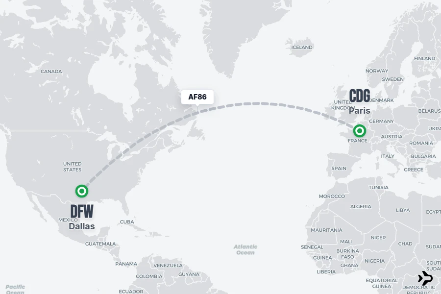 AF86 flight map from CDG to DFW