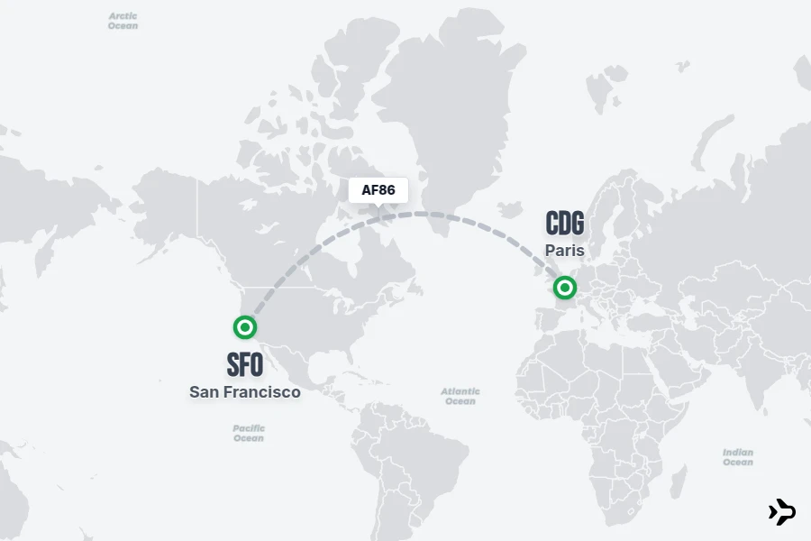 AF86 flight map from CDG to SFO