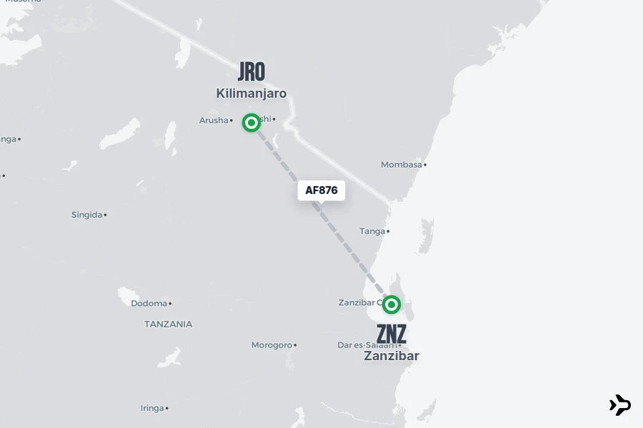 AF876 flight map from JRO to ZNZ