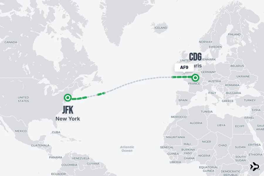 AF9 flight map from JFK to CDG