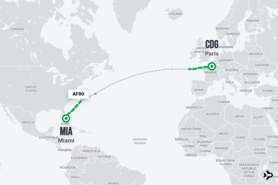 AF90 flight map from CDG to MIA