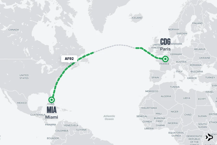 AF92 flight map from CDG to MIA