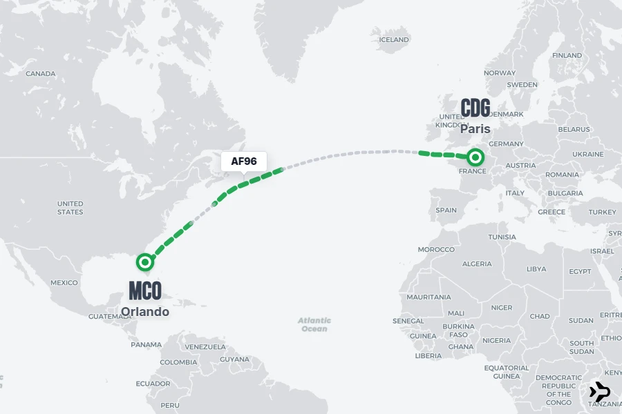 AF96 flight map from CDG to MCO