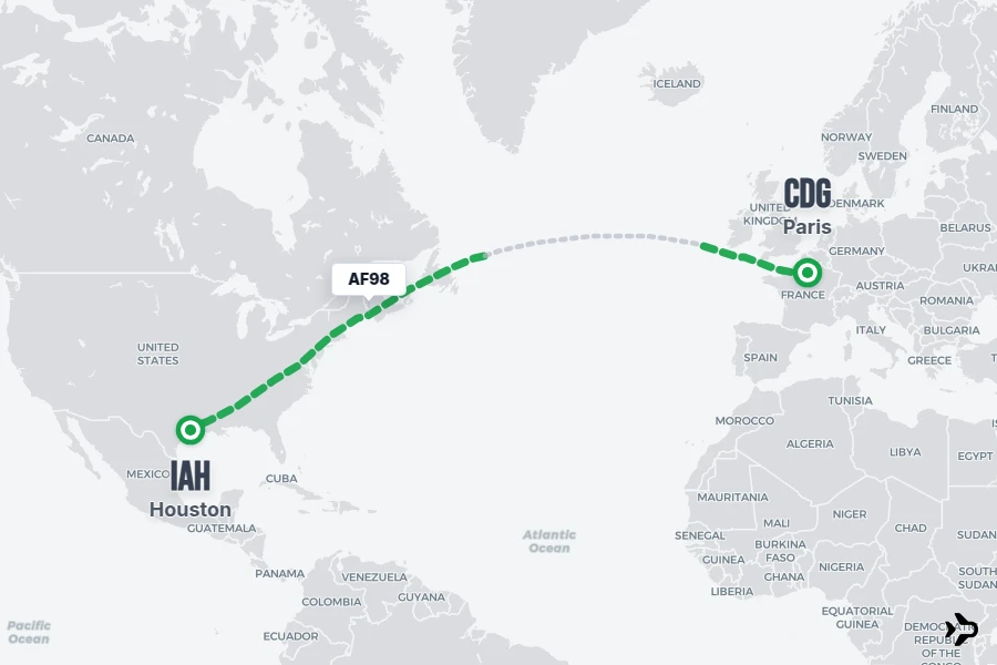 AF98 flight map from CDG to IAH