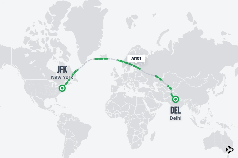 AI101 flight map from DEL to JFK