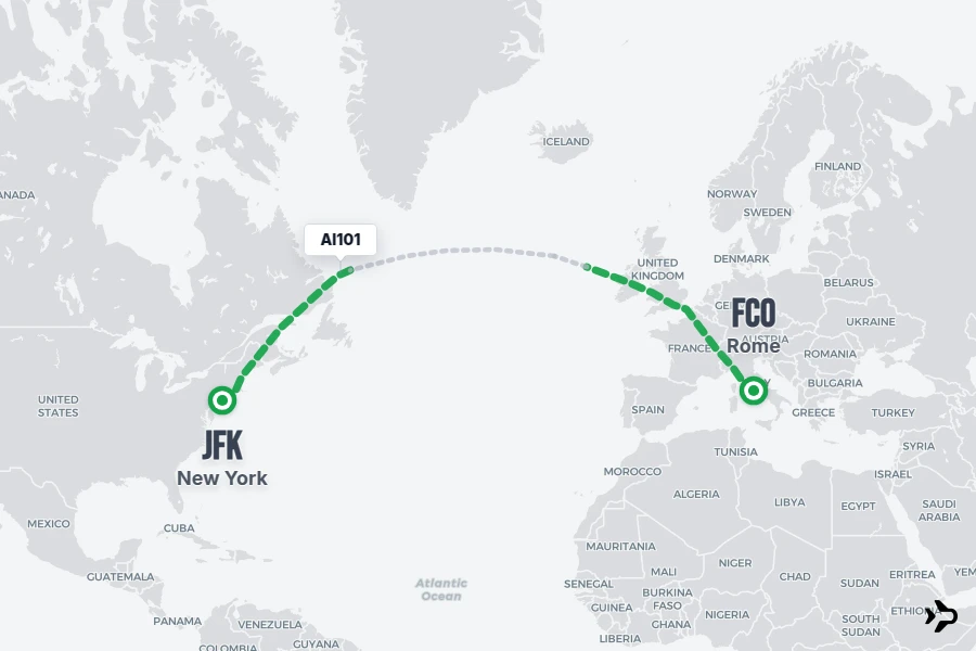 AI101 flight map from FCO to JFK