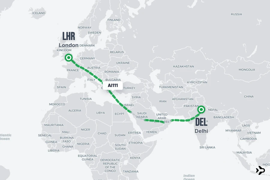 AI111 flight map from DEL to LHR