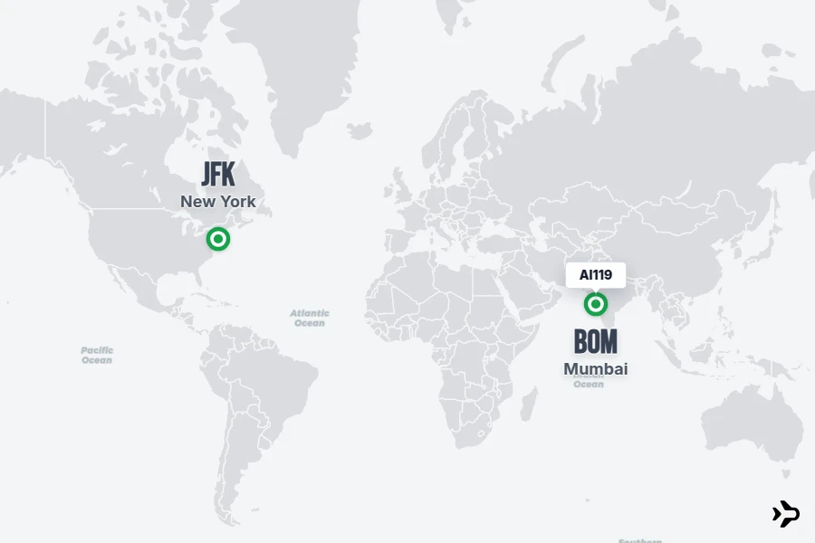 AI119 flight map from BOM to JFK