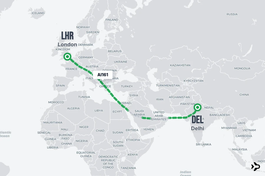 AI161 flight map from DEL to LHR