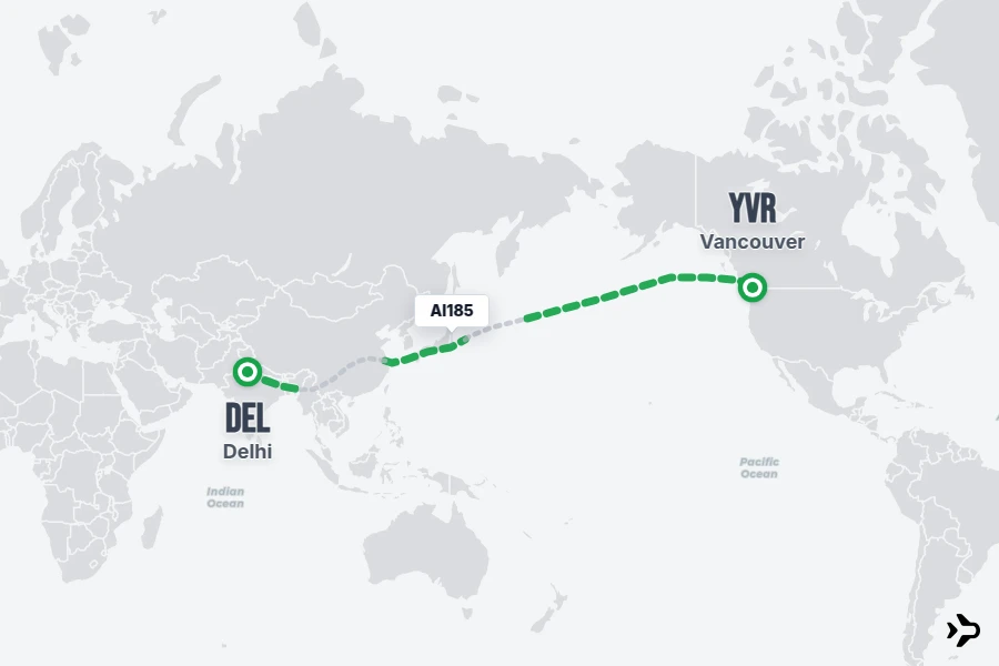 AI185 flight map from DEL to YVR