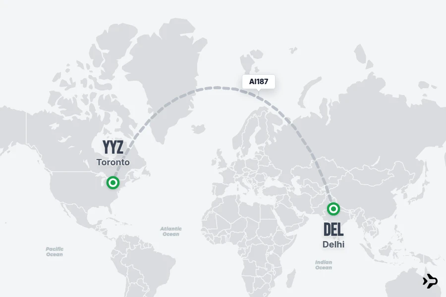 AI187 flight map from DEL to YYZ