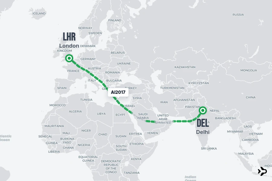 AI2017 flight map from DEL to LHR