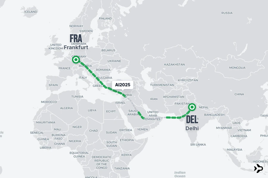 AI2025 flight map from DEL to FRA