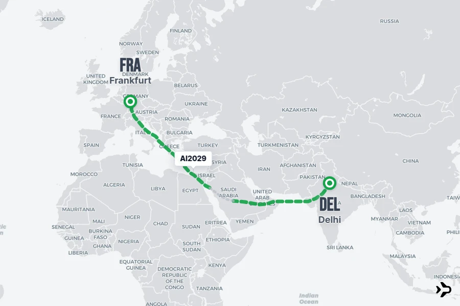 AI2029 flight map from DEL to FRA