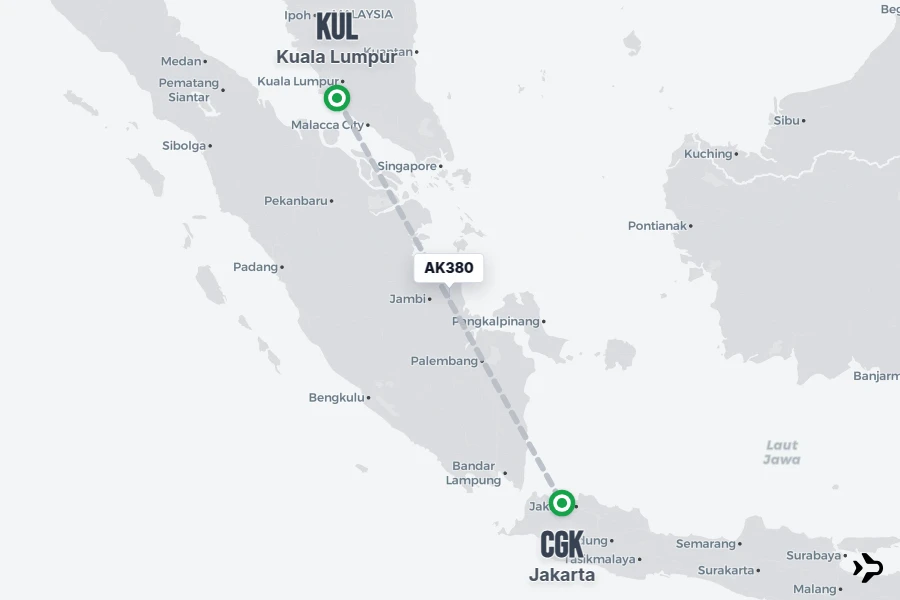 AK380 flight map from KUL to CGK