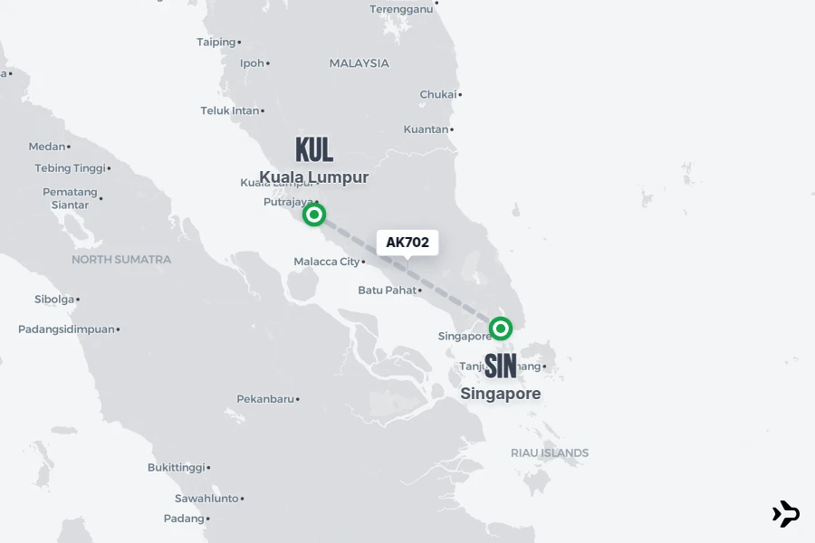 AK702 flight map from SIN to KUL