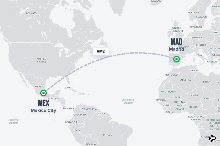 AM2 flight map from MAD to MEX