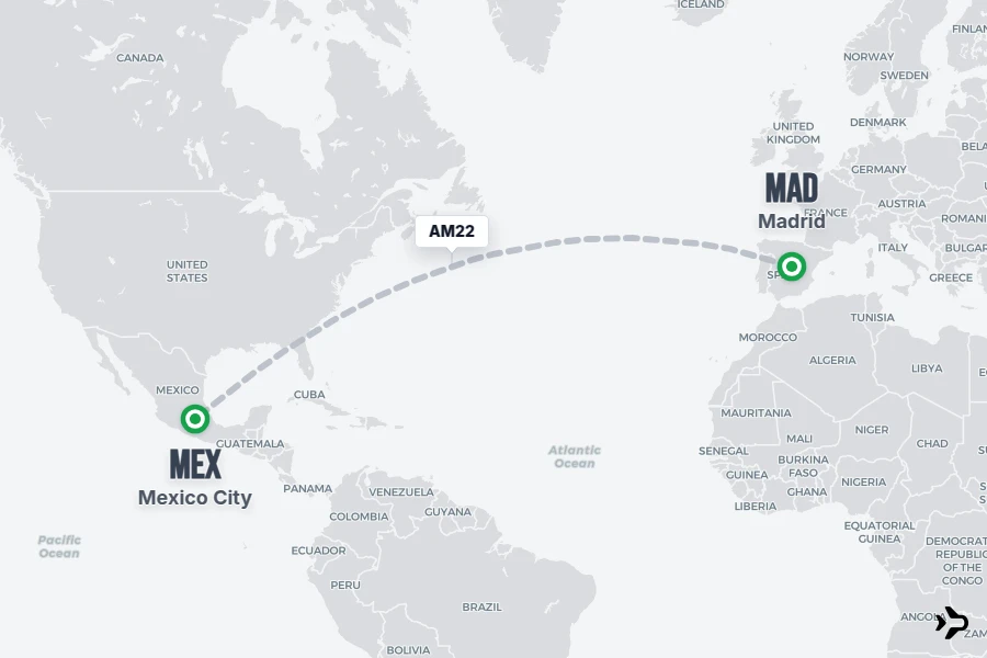 AM22 flight map from MAD to MEX
