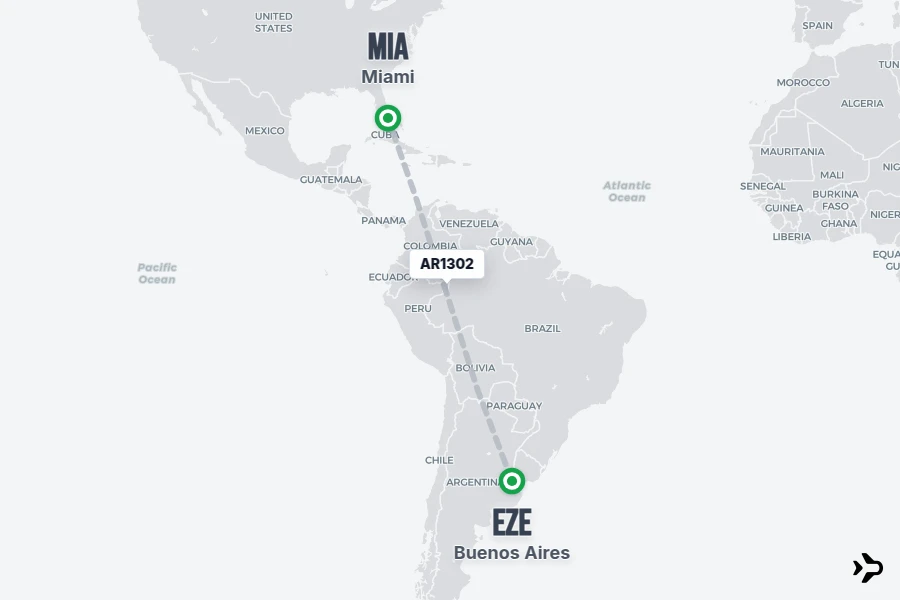 AR1302 flight map from EZE to MIA