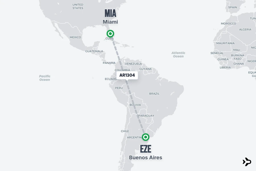 AR1304 flight map from EZE to MIA