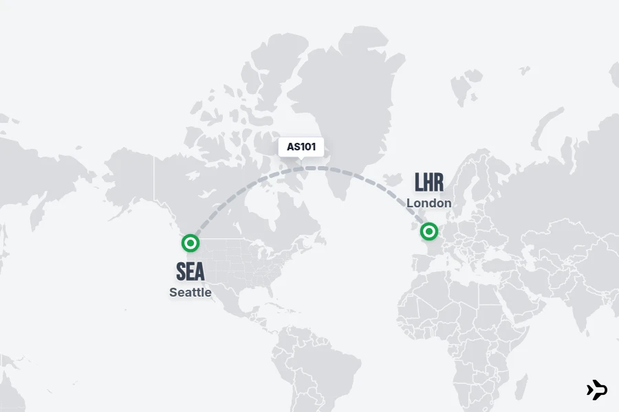 AS101 flight map from LHR to SEA