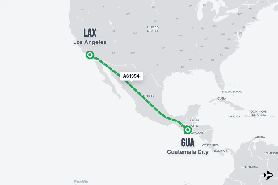 AS1354 flight map from GUA to LAX
