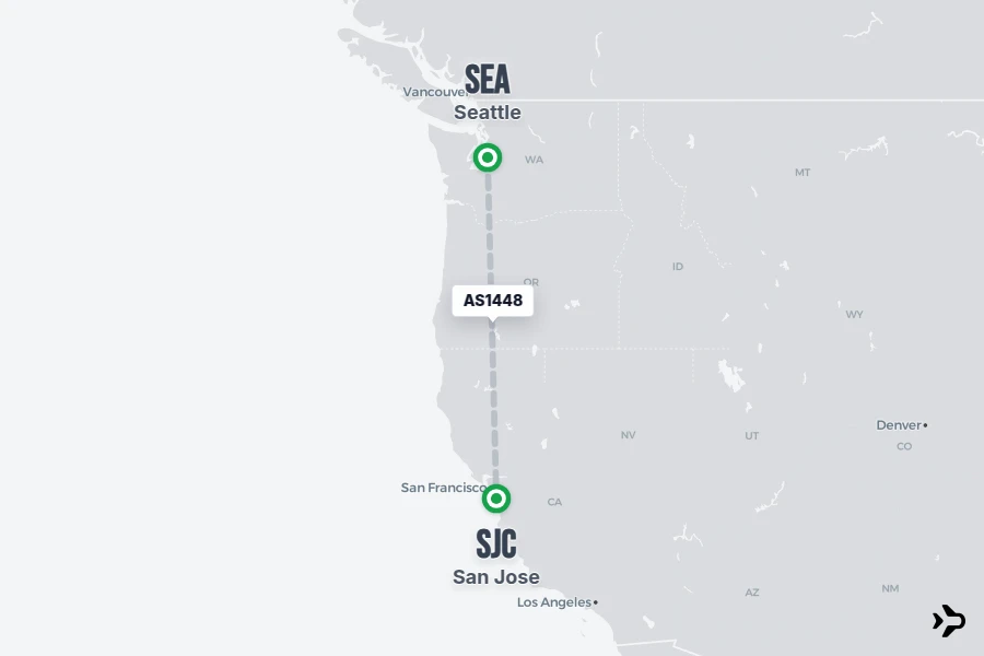 AS1448 flight map from SEA to SJC