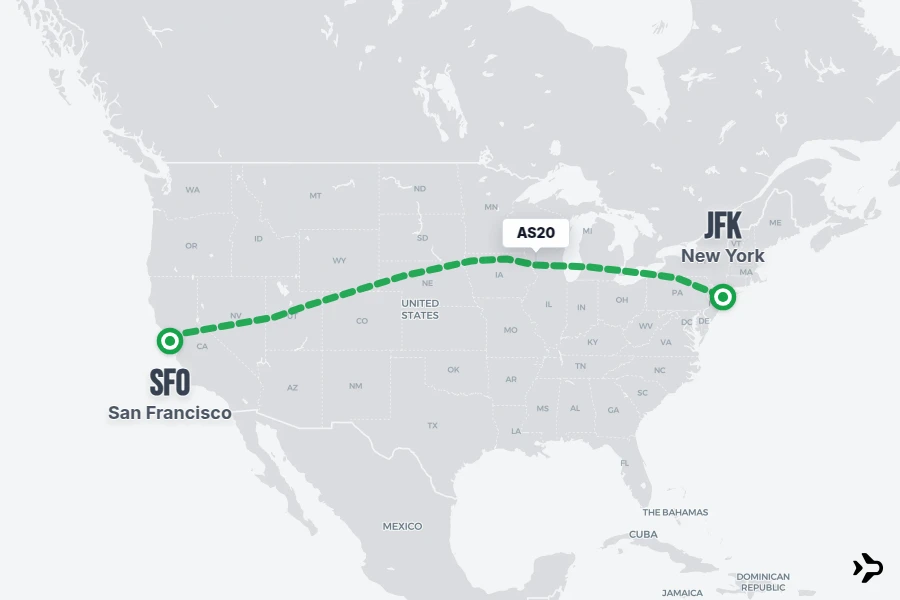 AS20 flight map from SFO to JFK
