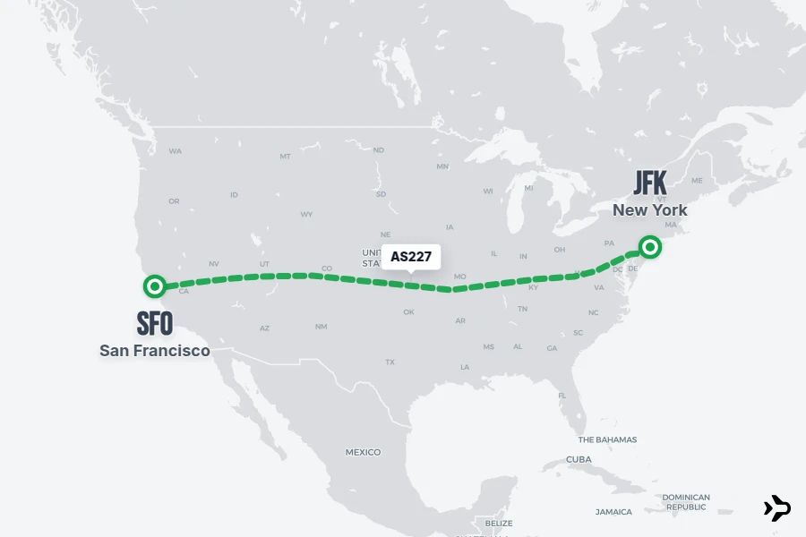 AS227 flight map from JFK to SFO