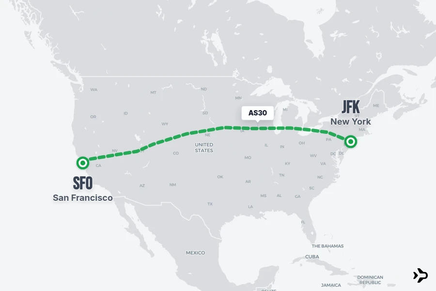AS30 flight map from SFO to JFK