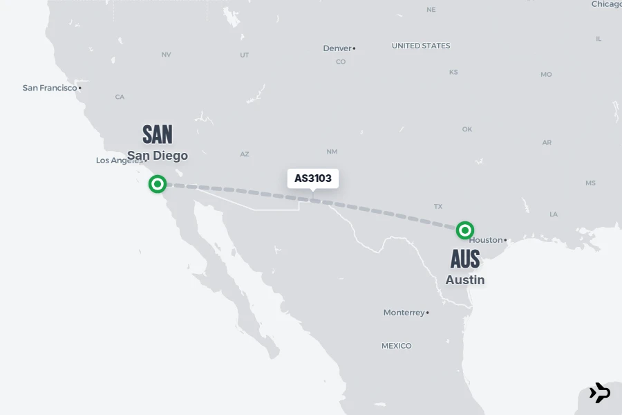 AS3103 flight map from AUS to SAN