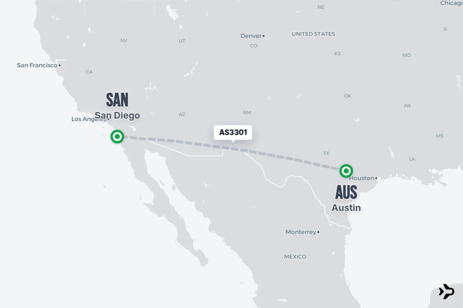 AS3301 flight map from AUS to SAN