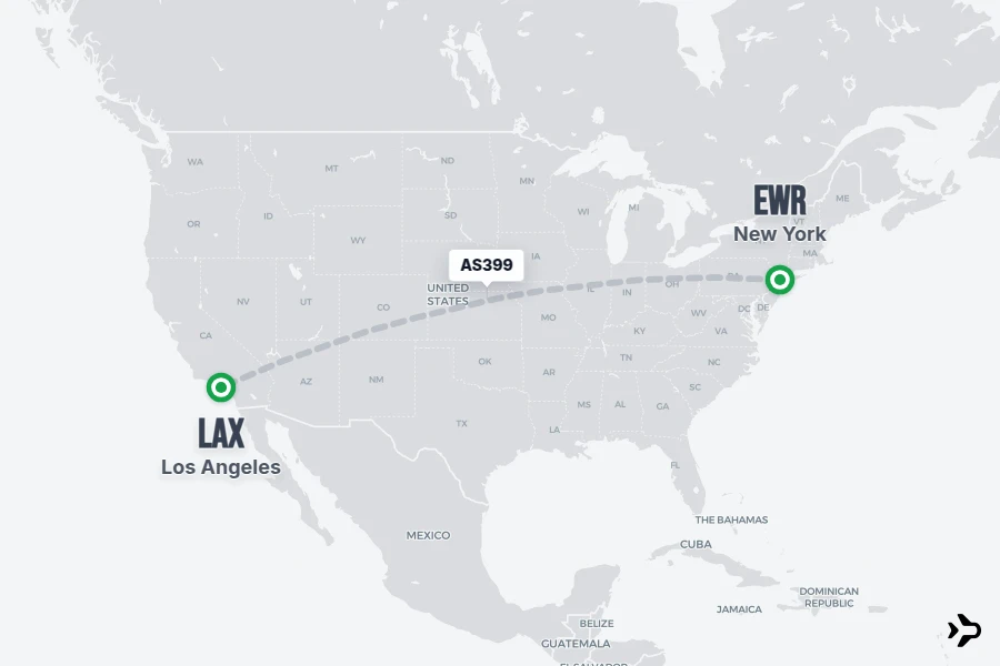 AS399 flight map from EWR to LAX