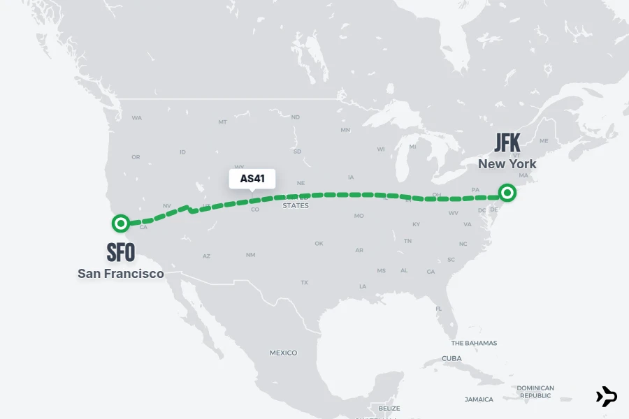 AS41 flight map from JFK to SFO