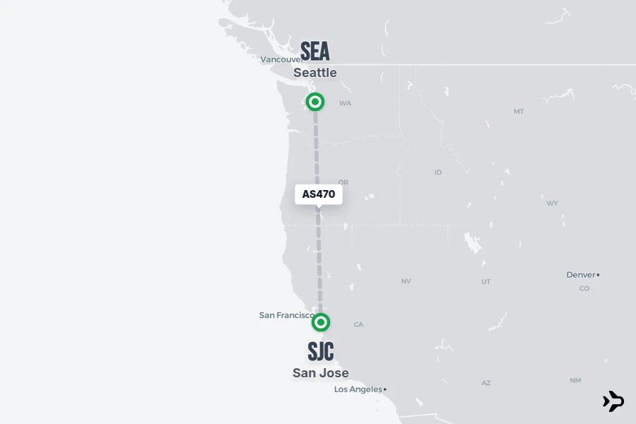 AS470 flight map from SEA to SJC