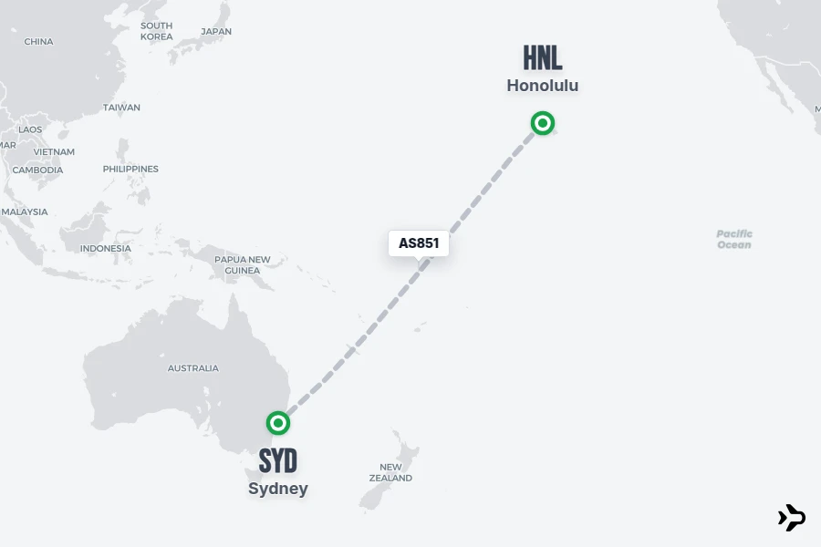 AS851 flight map from HNL to SYD