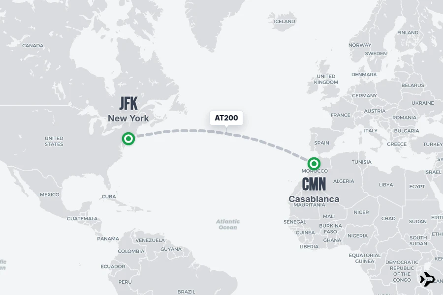 AT200 flight map from CMN to JFK