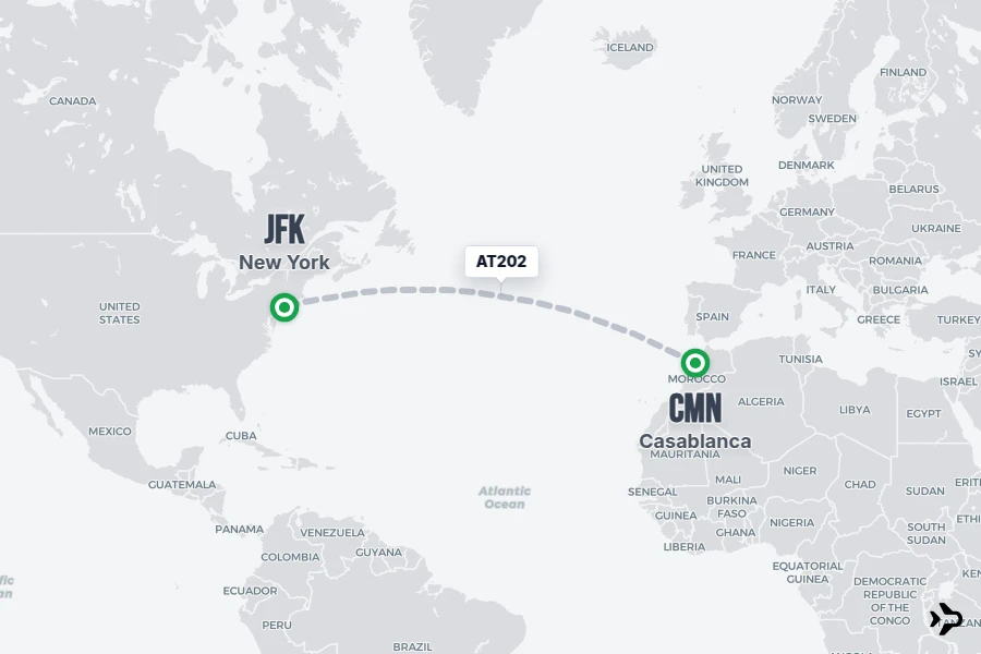 AT202 flight map from CMN to JFK