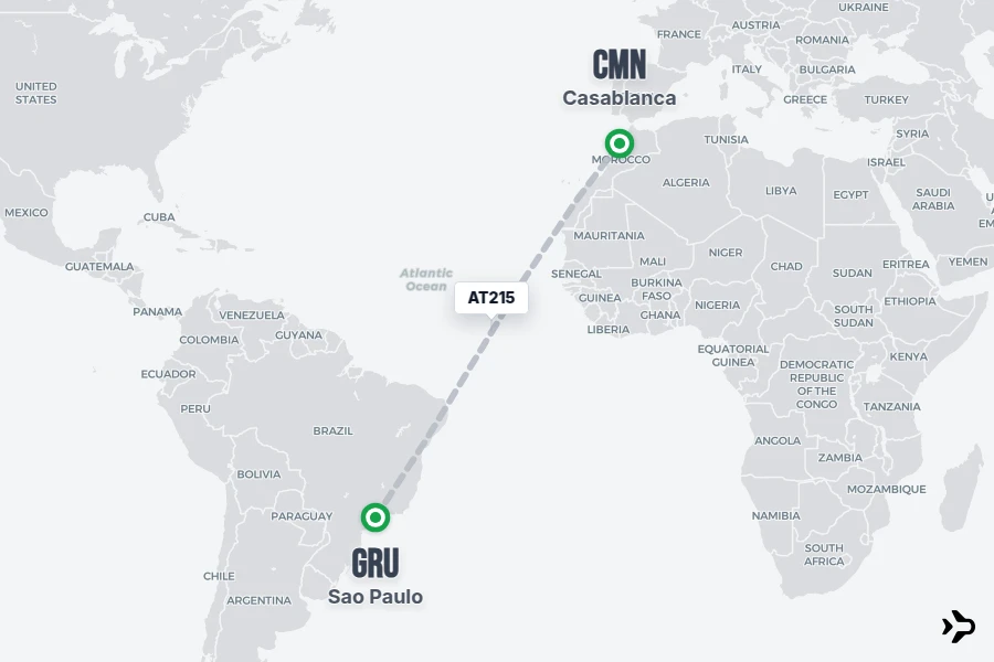 AT215 flight map from CMN to GRU