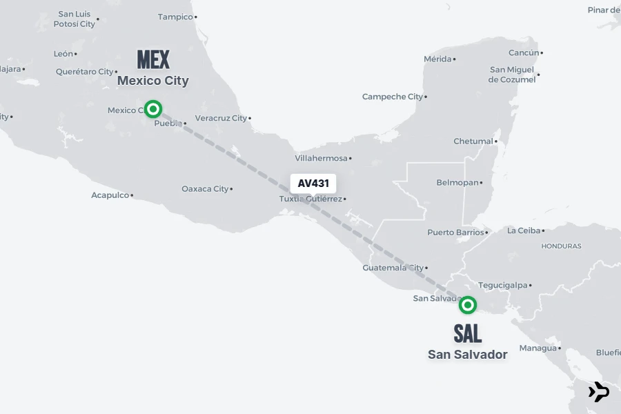 AV431 flight map from MEX to SAL