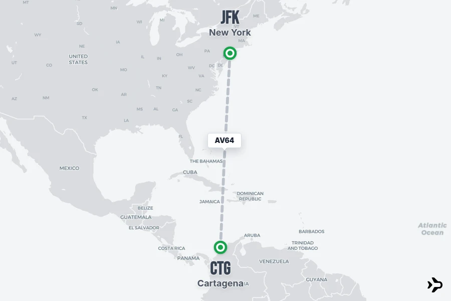 AV64 flight map from CTG to JFK