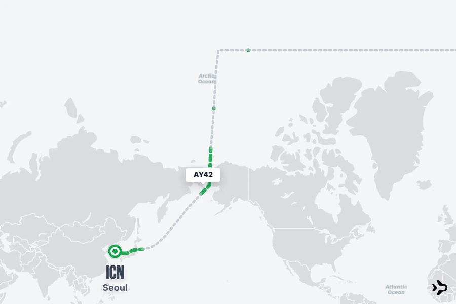 AY42 flight map from ICN to HEL