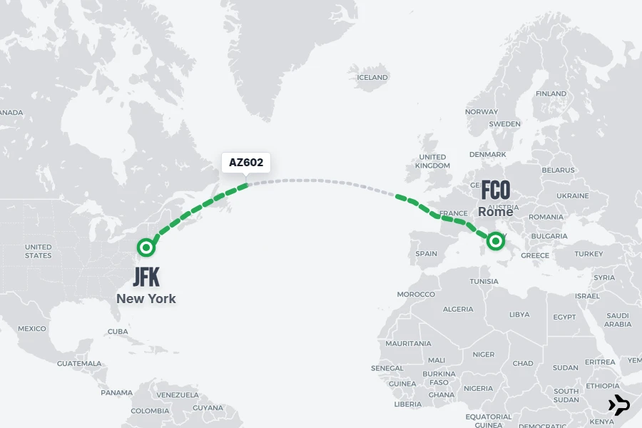 AZ602 flight map from FCO to JFK