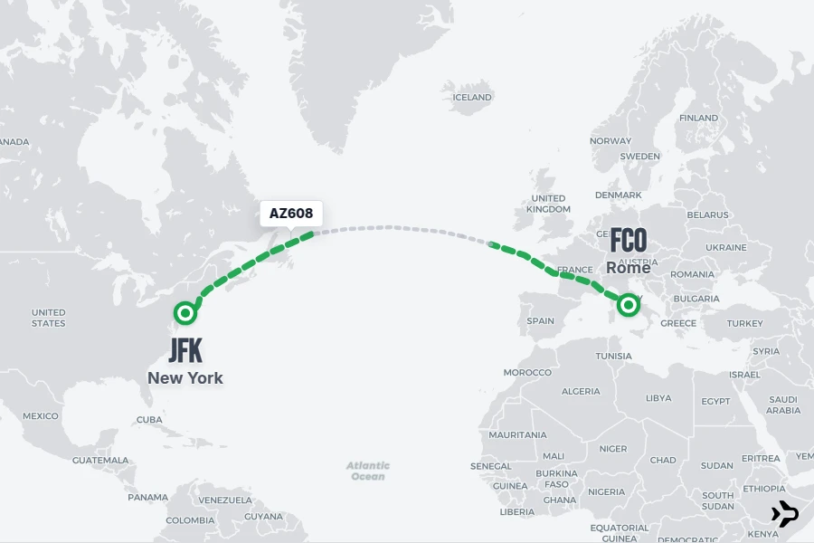 AZ608 flight map from FCO to JFK