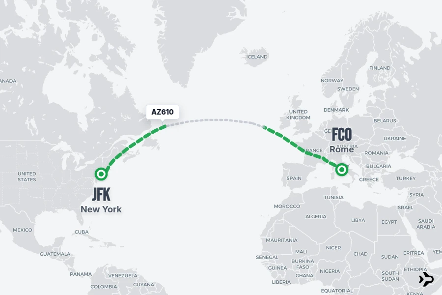 AZ610 flight map from FCO to JFK
