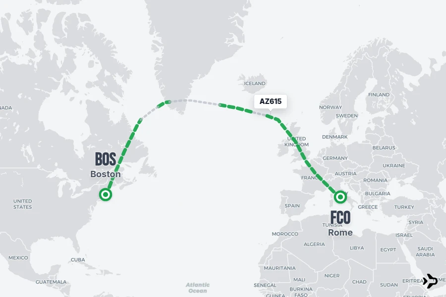 AZ615 flight map from BOS to FCO