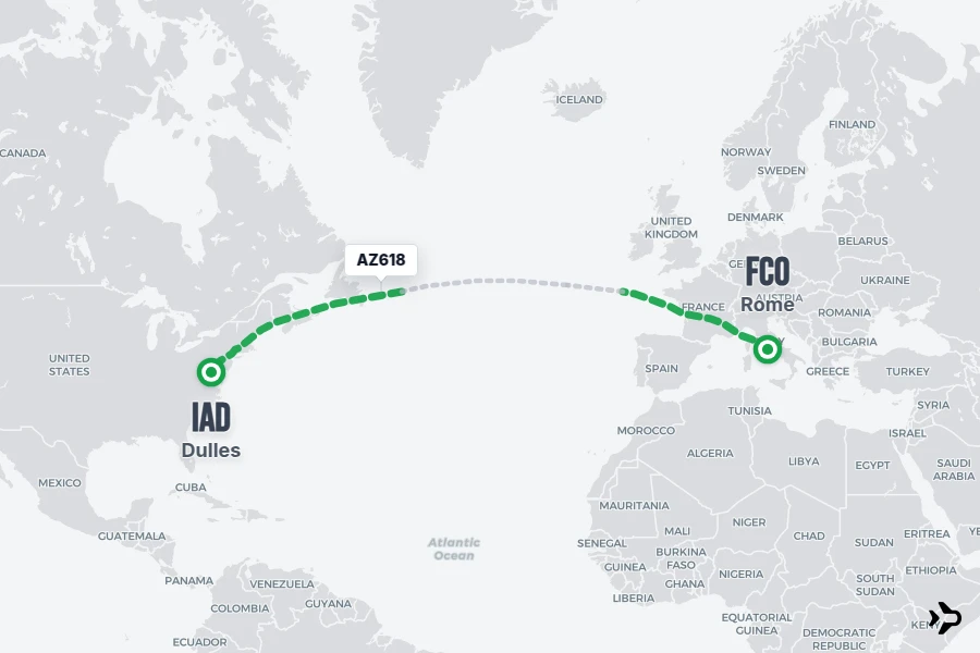 AZ618 flight map from FCO to IAD